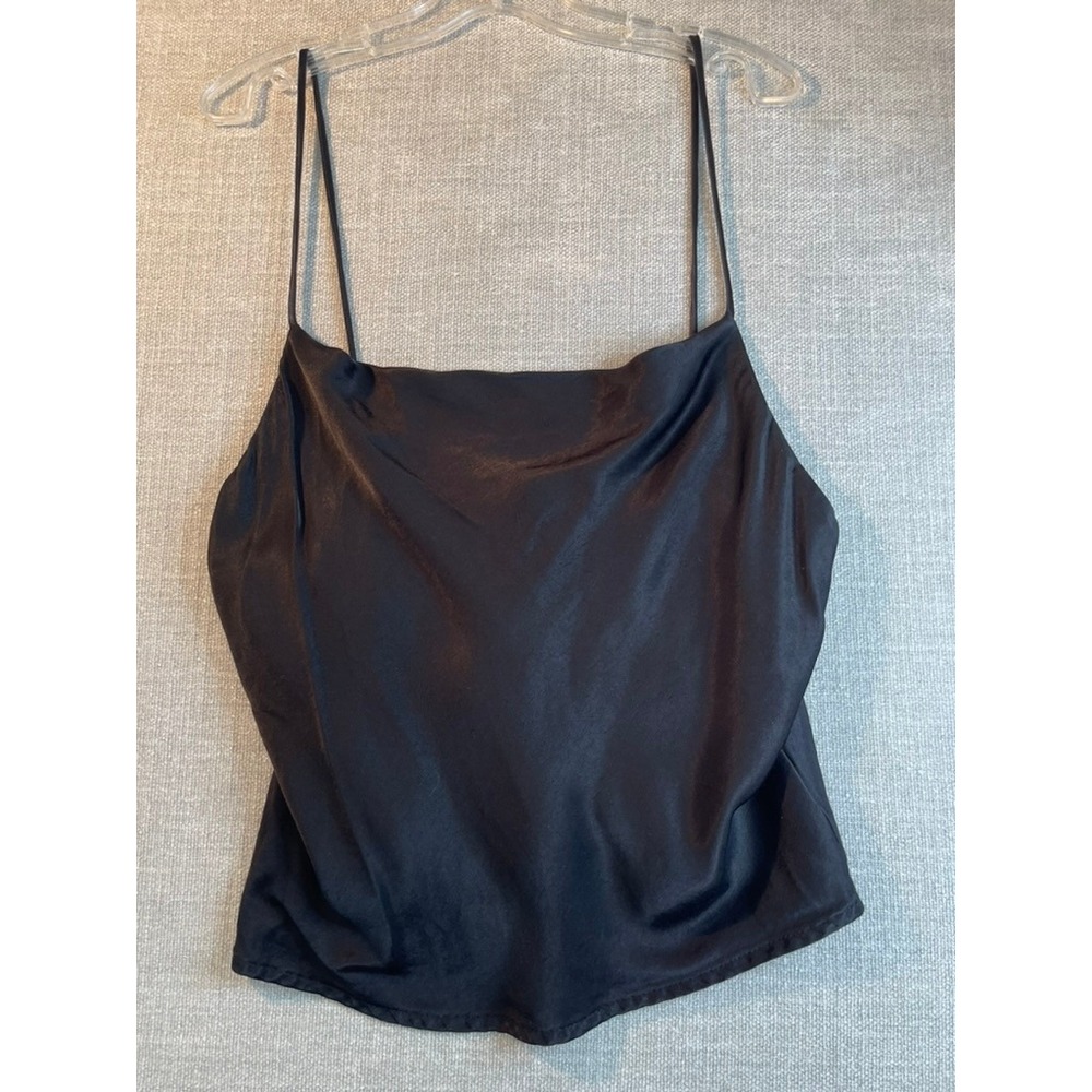 Zara Black Satin Cowl Neck Cami Top Button Back Size S